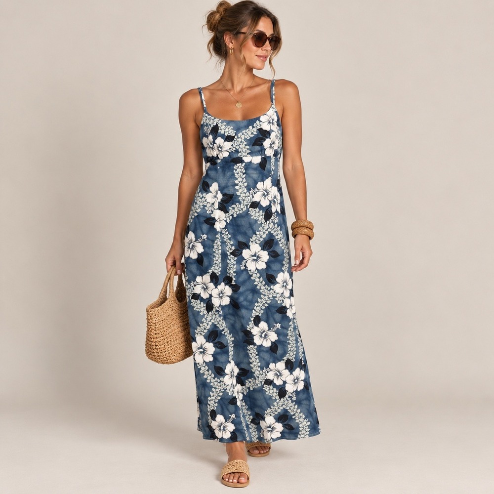 Island Wear Hawaiian Made Blue White Hibiscus Floral Maxi Dress Slit Large